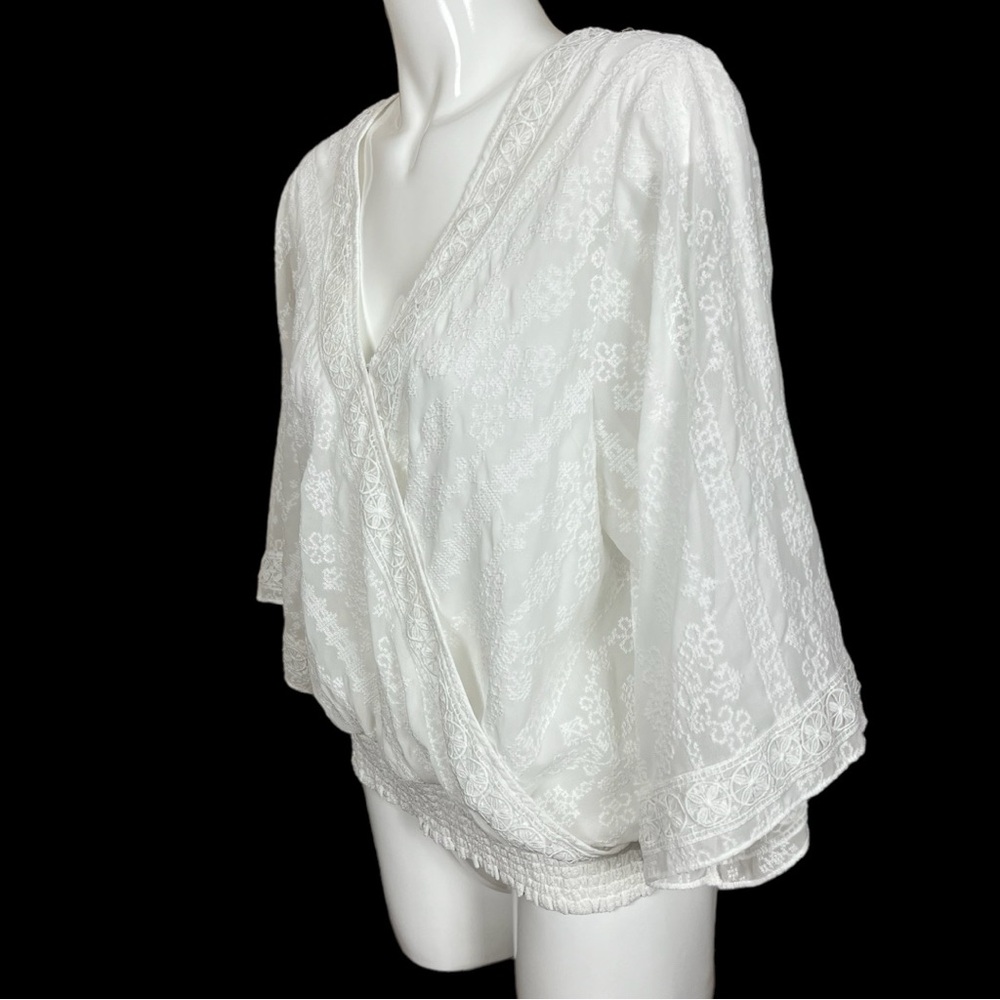 WHBM White Embroidered Kimono Sleeve Smocked Waist Surplice Blouse Size Large - Picture 6 of 15